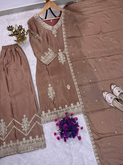 Premium Chinon Silk Top, Plazzo & Dupatta – Heavy Sequins Embroidery