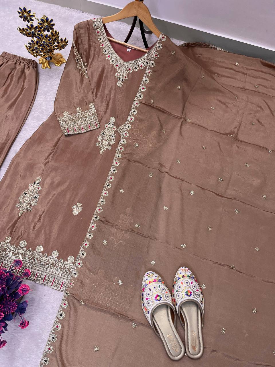 Premium Chinon Silk Top, Plazzo & Dupatta – Heavy Sequins Embroidery
