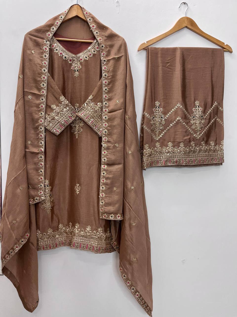 Premium Chinon Silk Top, Plazzo & Dupatta – Heavy Sequins Embroidery