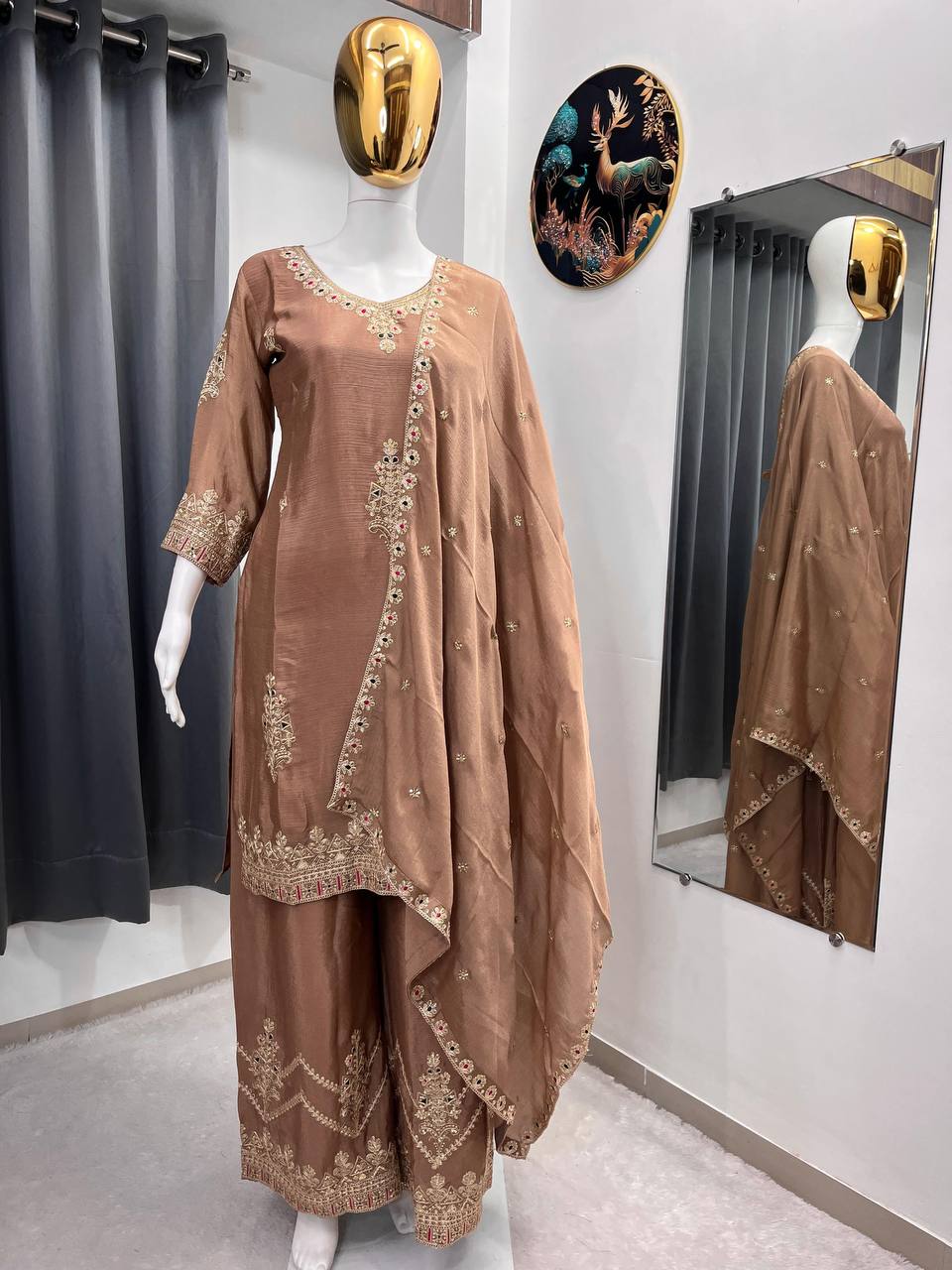 Premium Chinon Silk Top, Plazzo & Dupatta – Heavy Sequins Embroidery