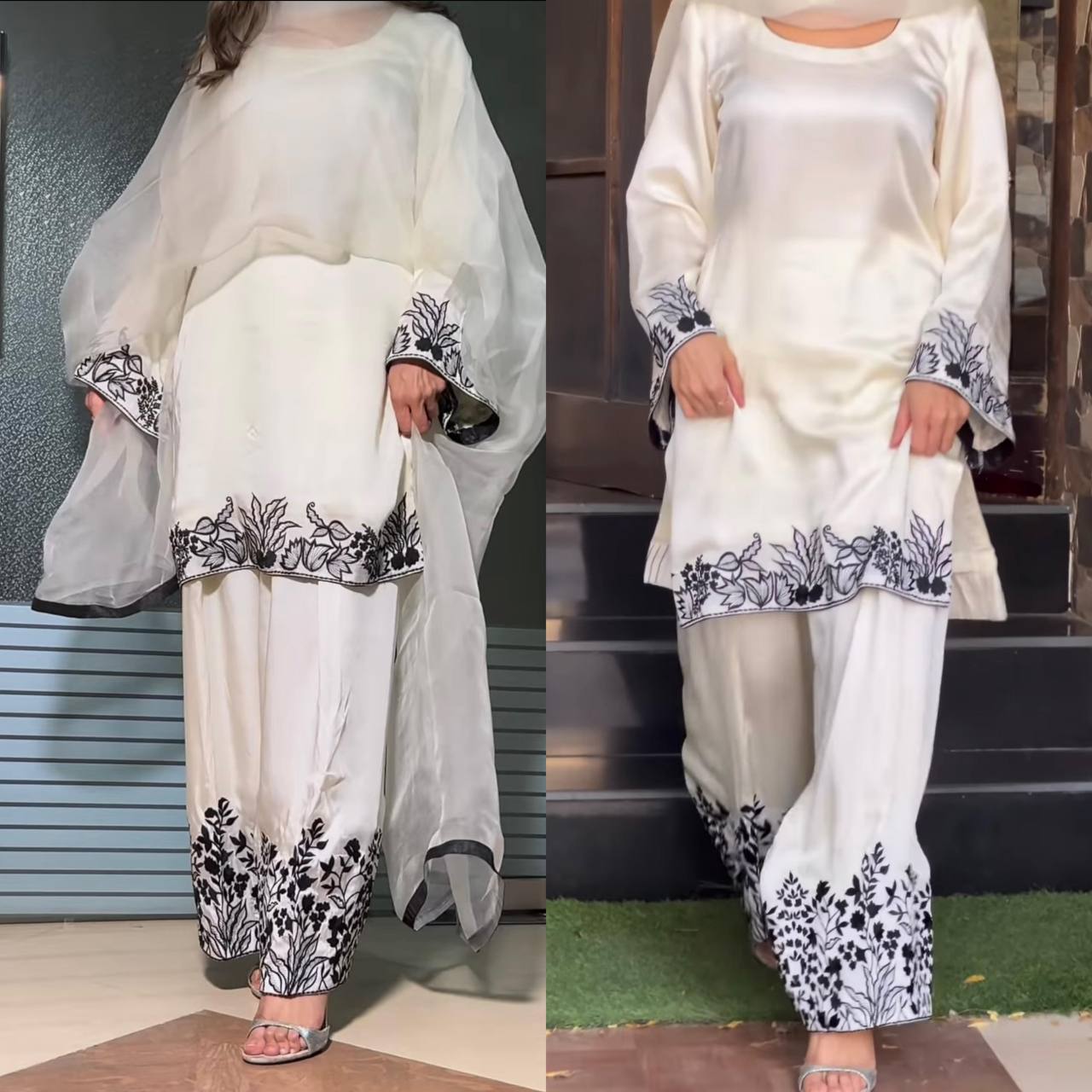 Premium Chinon Silk Top, Farshi Salwar & Dupatta – Multi‑Needle Embroidery
