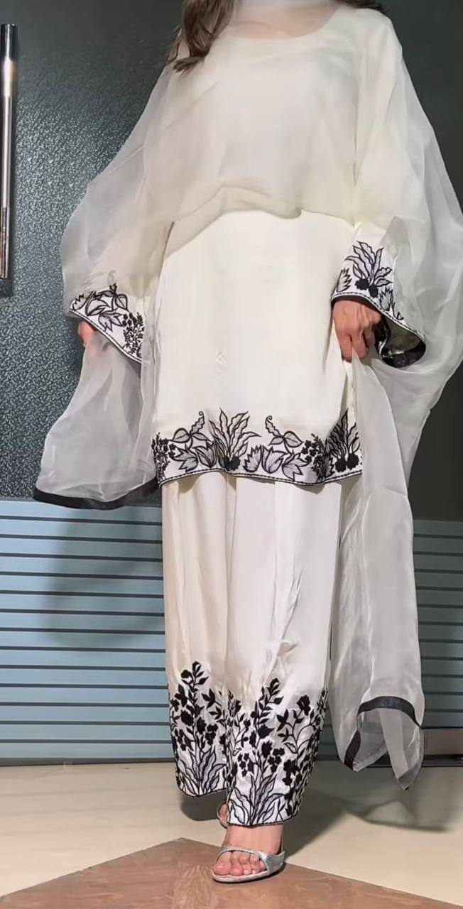Premium Chinon Silk Top, Farshi Salwar & Dupatta – Multi‑Needle Embroidery