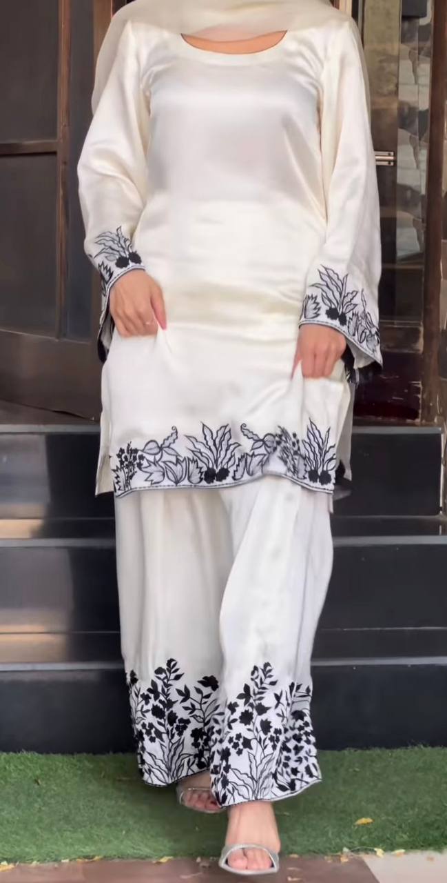 Premium Chinon Silk Top, Farshi Salwar & Dupatta – Multi‑Needle Embroidery