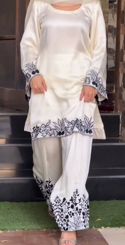 Premium Chinon Silk Top, Farshi Salwar & Dupatta – Multi‑Needle Embroidery