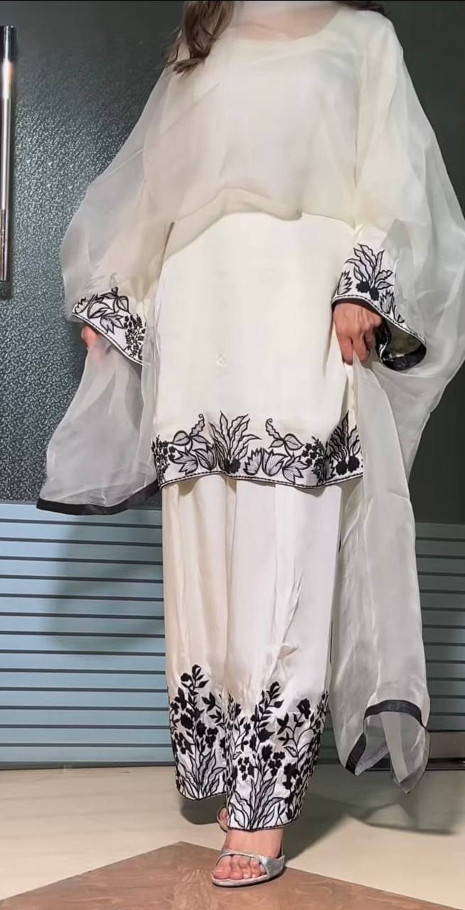 Premium Chinon Silk Top, Farshi Salwar & Dupatta – Multi‑Needle Embroidery