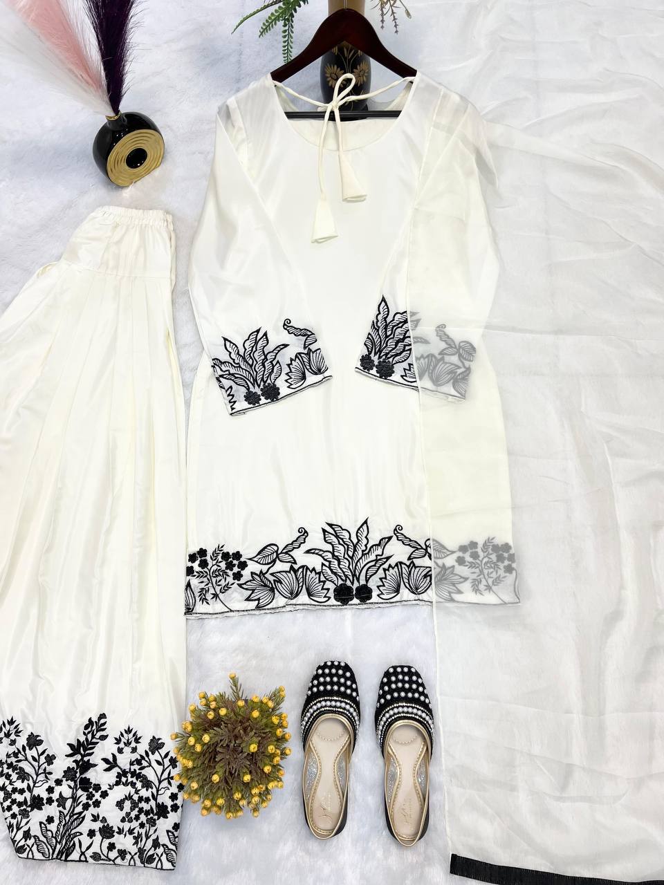 Premium Chinon Silk Top, Farshi Salwar & Dupatta – Multi‑Needle Embroidery