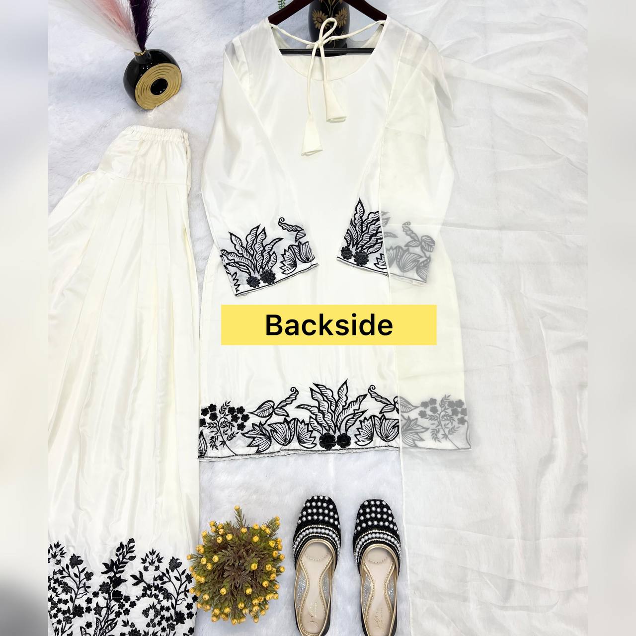 Premium Chinon Silk Top, Farshi Salwar & Dupatta – Multi‑Needle Embroidery
