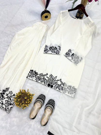 Premium Chinon Silk Top, Farshi Salwar & Dupatta – Multi‑Needle Embroidery