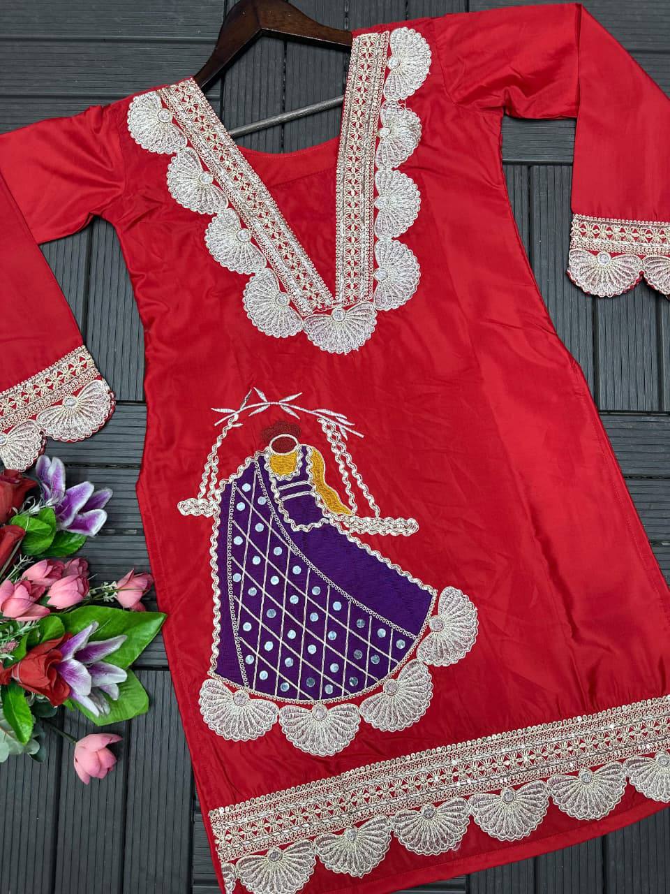 Premium Heavy Crepe Top, Sarara & Dupatta – Embroidery Coding Work
