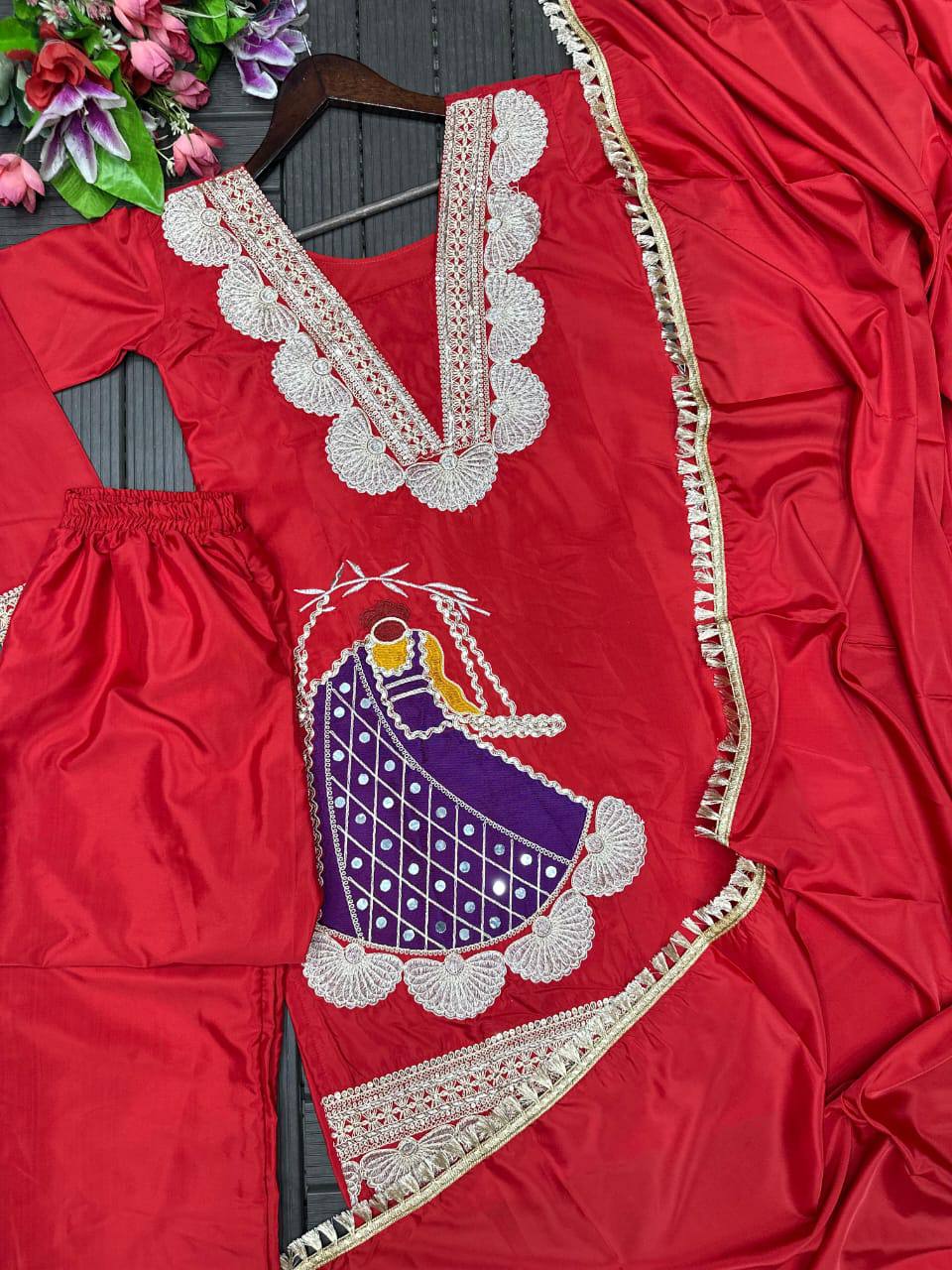 Premium Heavy Crepe Top, Sarara & Dupatta – Embroidery Coding Work