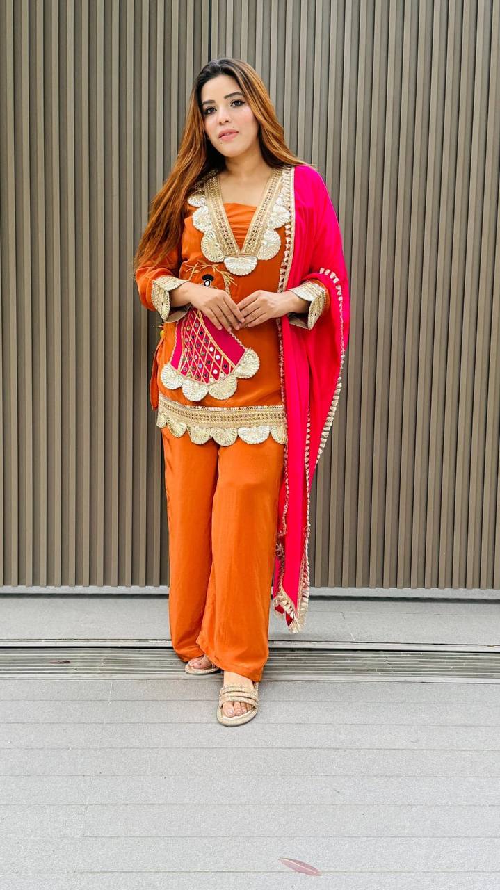 Premium Heavy Crepe Top, Sarara & Dupatta – Embroidery Coding Work
