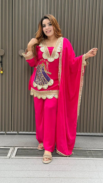 Premium Heavy Crepe Top, Sarara & Dupatta – Embroidery Coding Work