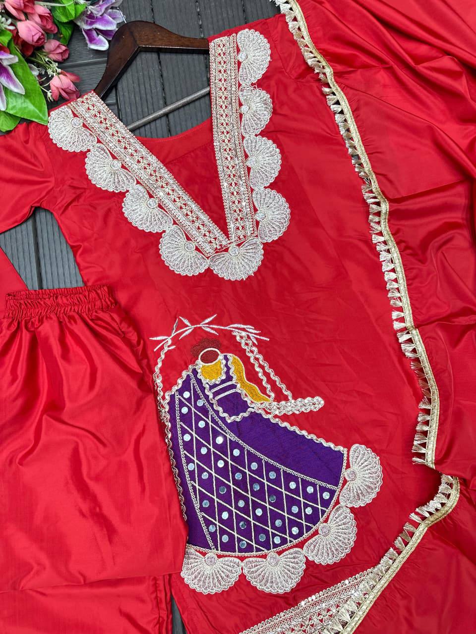Premium Heavy Crepe Top, Sarara & Dupatta – Embroidery Coding Work