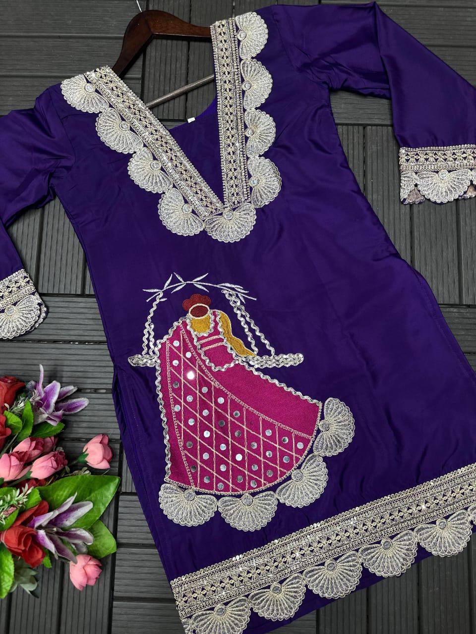 Premium Heavy Crepe Top, Sarara & Dupatta – Embroidery Coding Work