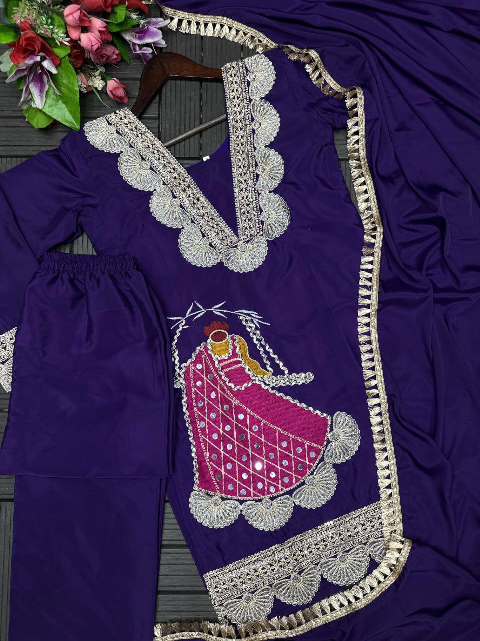 Premium Heavy Crepe Top, Sarara & Dupatta – Embroidery Coding Work