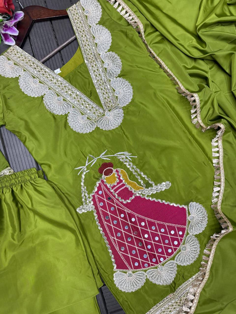 Premium Heavy Crepe Top, Sarara & Dupatta – Embroidery Coding Work