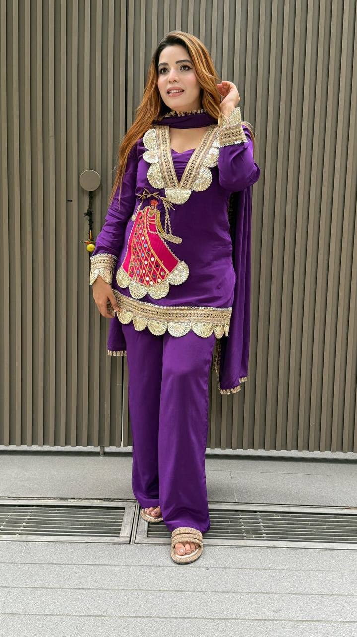 Premium Heavy Crepe Top, Sarara & Dupatta – Embroidery Coding Work