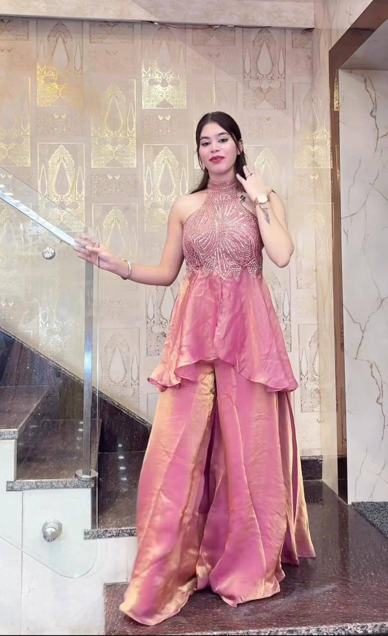 Premium Fandy Silk Full Neck Top & Sharara Plazzo – Hand Beads & Moti Embroidery