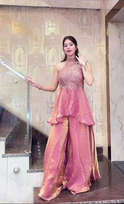 Premium Fandy Silk Full Neck Top & Sharara Plazzo – Hand Beads & Moti Embroidery