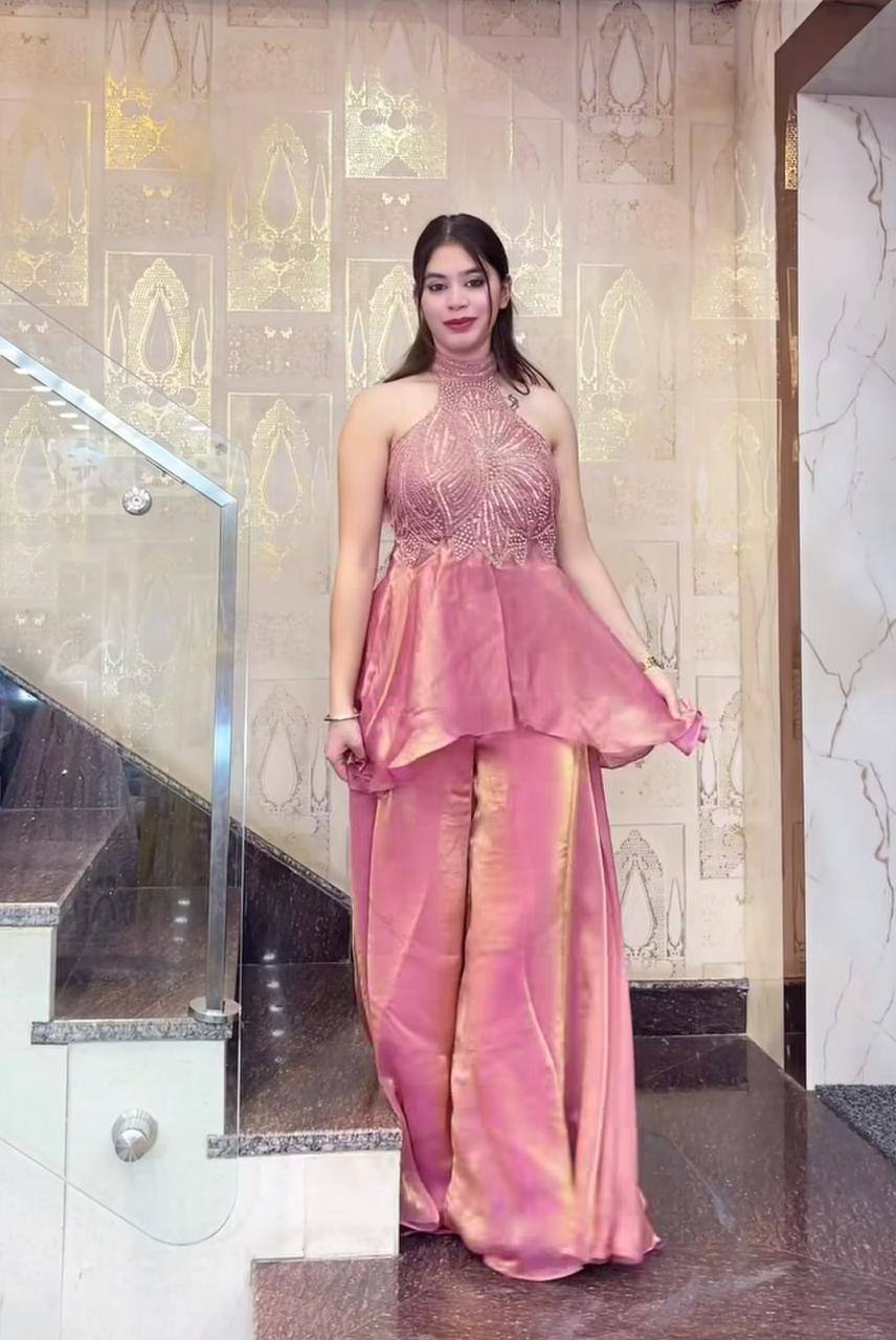 Premium Fandy Silk Full Neck Top & Sharara Plazzo – Hand Beads & Moti Embroidery