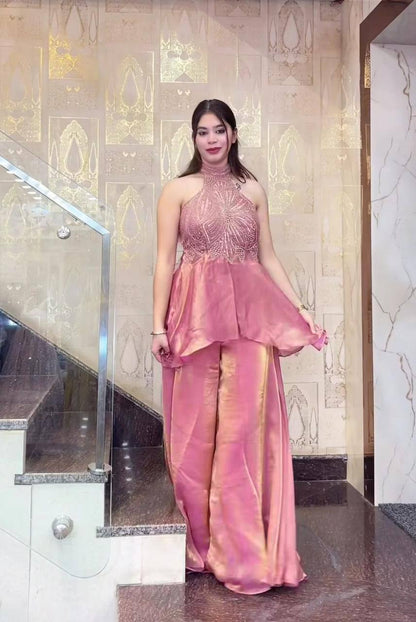 Premium Fandy Silk Full Neck Top & Sharara Plazzo – Hand Beads & Moti Embroidery