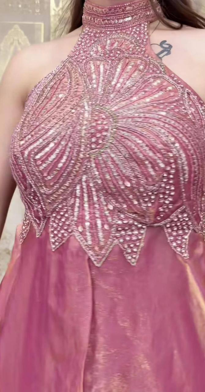 Premium Fandy Silk Full Neck Top & Sharara Plazzo – Hand Beads & Moti Embroidery