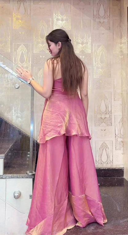 Premium Fandy Silk Full Neck Top & Sharara Plazzo – Hand Beads & Moti Embroidery