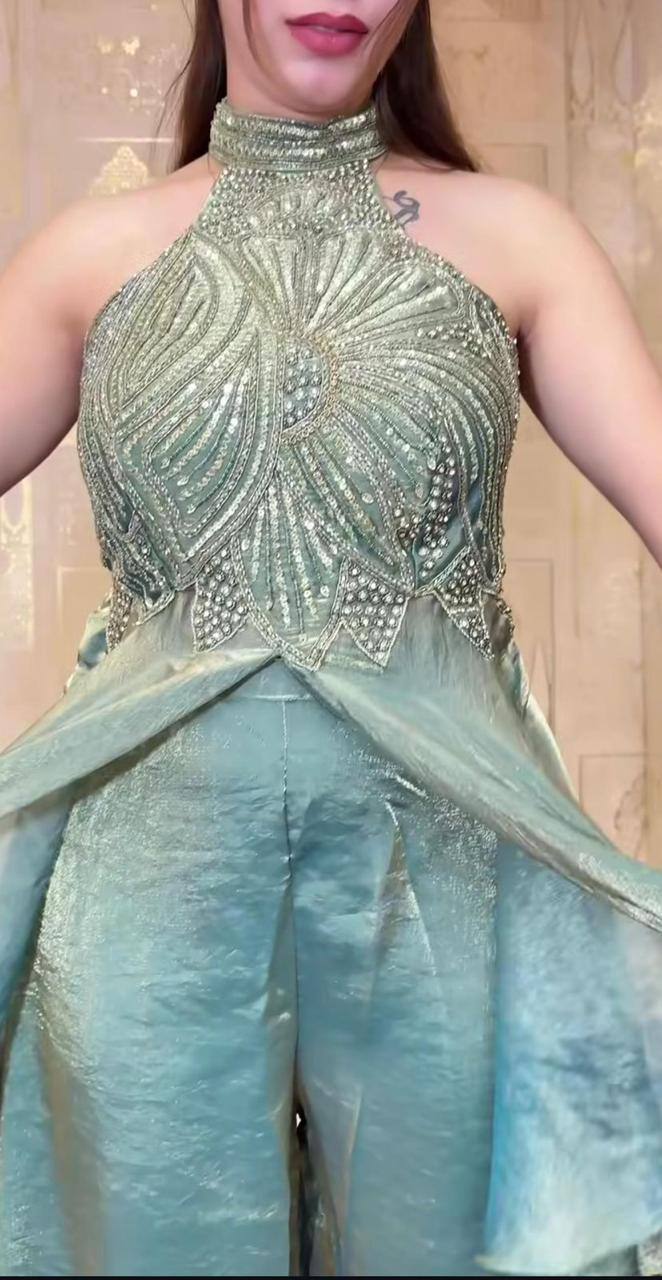 Premium Fandy Silk Full Neck Top & Sharara Plazzo – Hand Beads & Moti Embroidery
