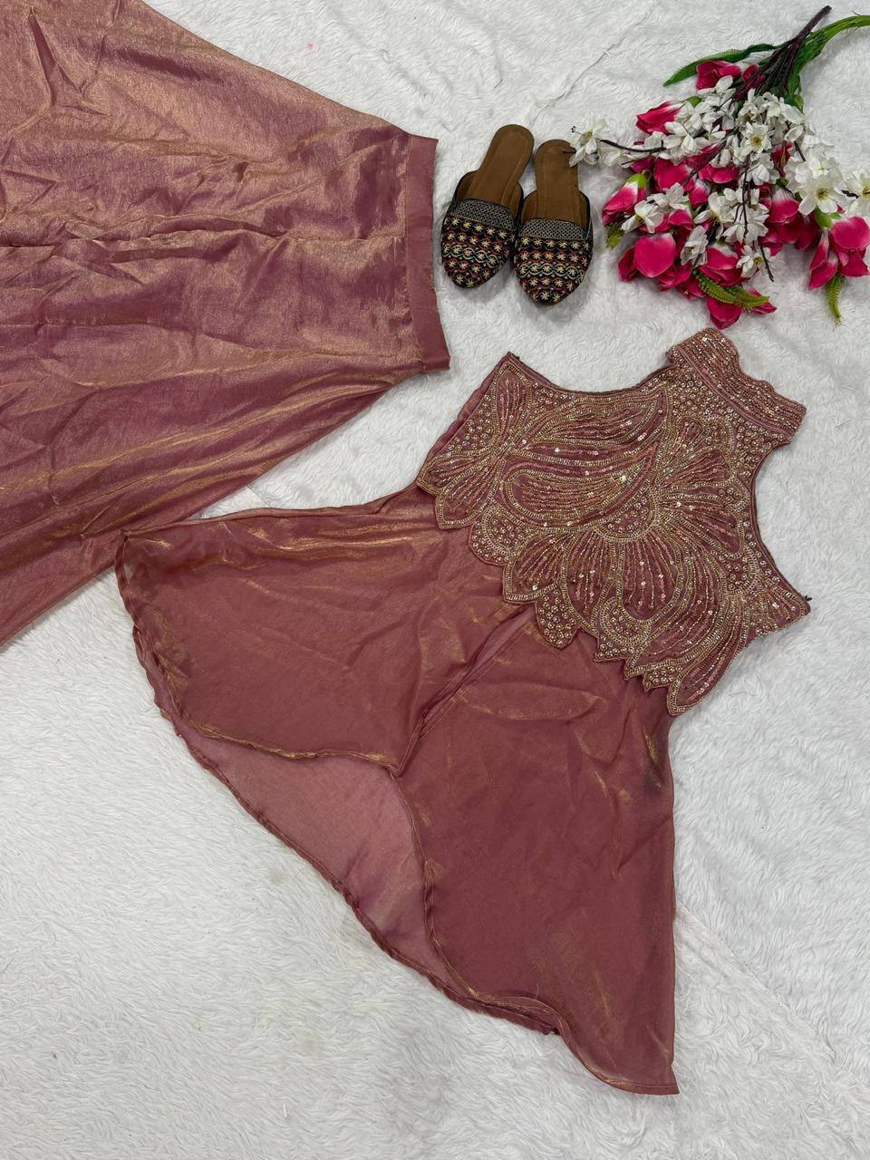 Premium Fandy Silk Full Neck Top & Sharara Plazzo – Hand Beads & Moti Embroidery