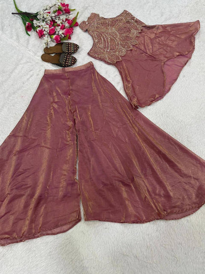 Premium Fandy Silk Full Neck Top & Sharara Plazzo – Hand Beads & Moti Embroidery