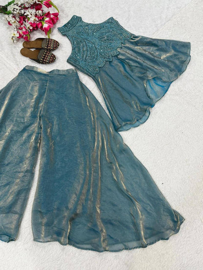 Premium Fandy Silk Full Neck Top & Sharara Plazzo – Hand Beads & Moti Embroidery
