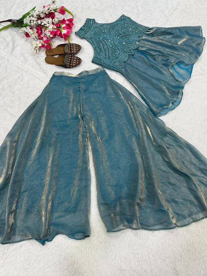 Premium Fandy Silk Full Neck Top & Sharara Plazzo – Hand Beads & Moti Embroidery
