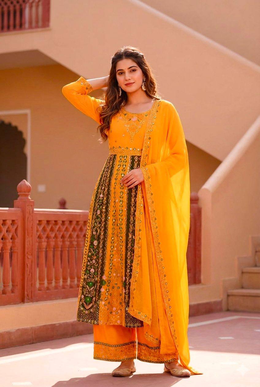 Premium Faux Georgette Top, Sharara & Dupatta – Heavy Sequins Embroidery