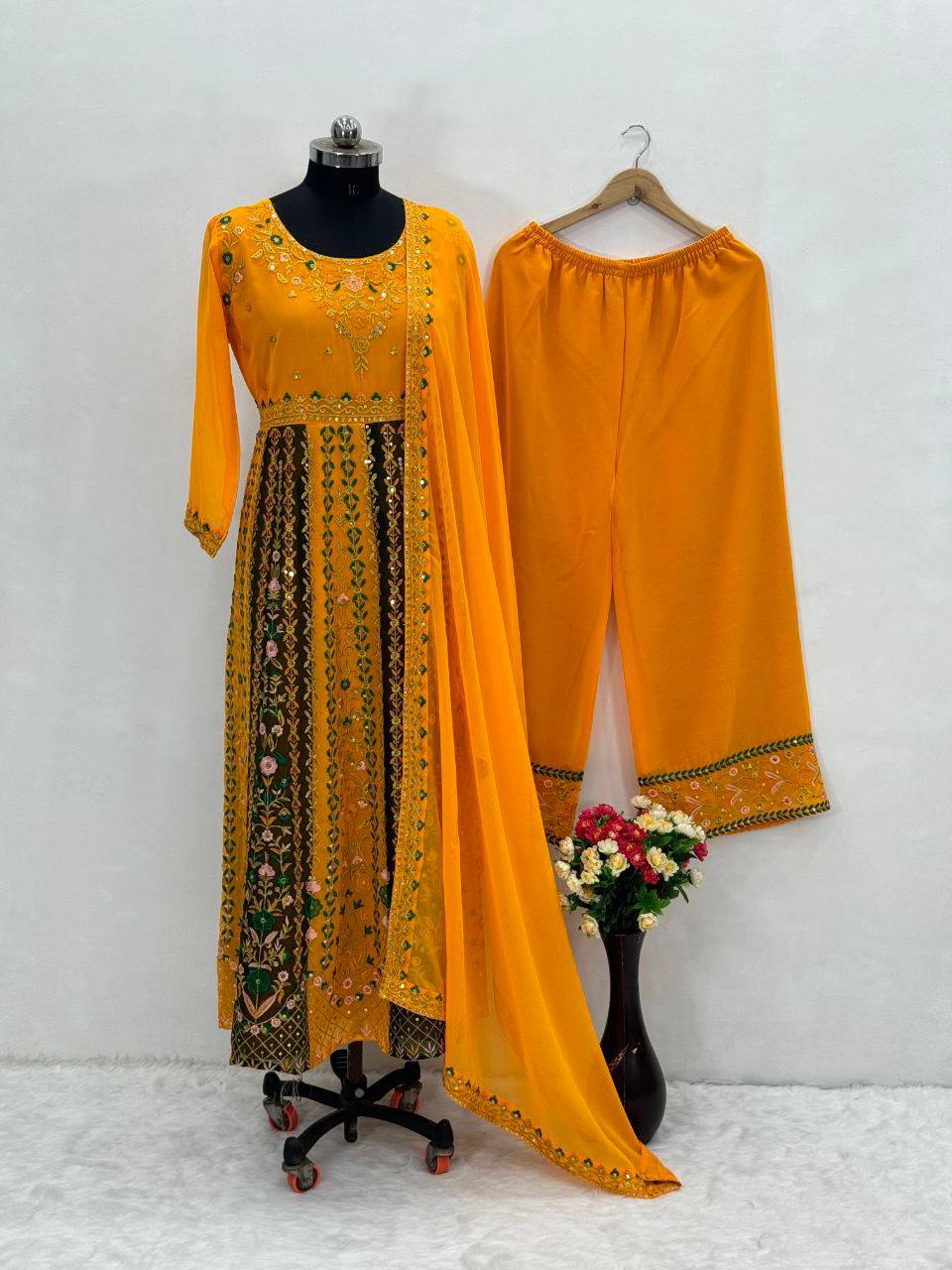 Premium Faux Georgette Top, Sharara & Dupatta – Heavy Sequins Embroidery