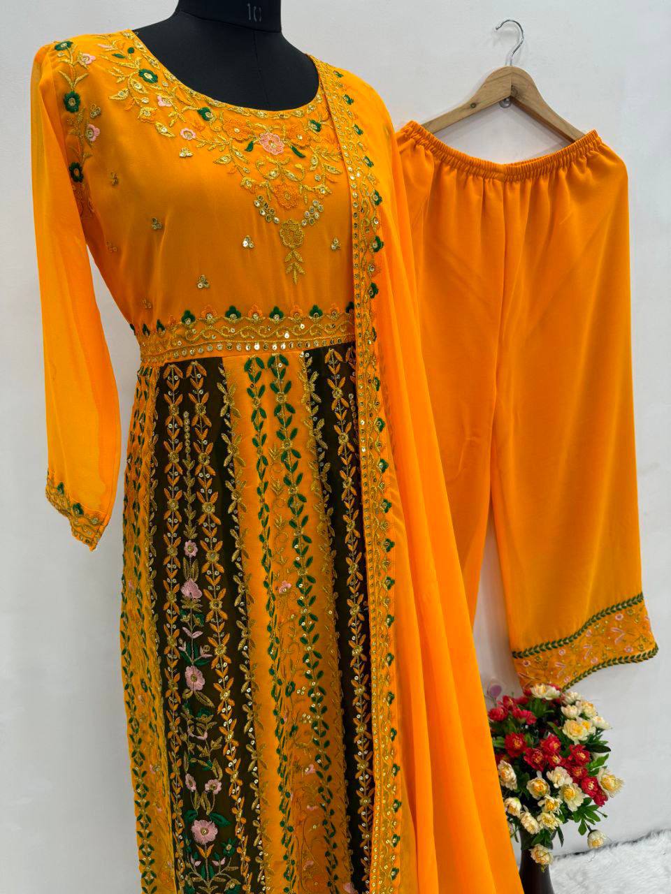 Premium Faux Georgette Top, Sharara & Dupatta – Heavy Sequins Embroidery