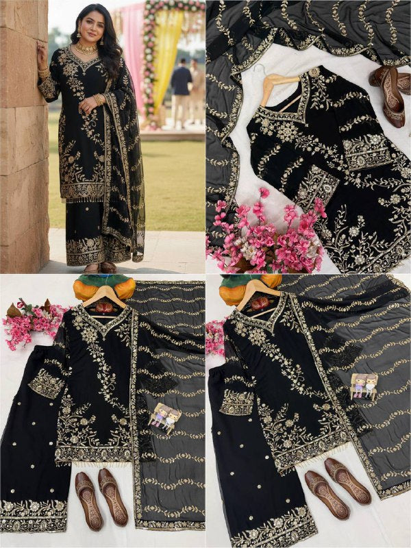 Premium Semi Faux Georgette Kurti, Plazzo & Dupatta – Sequins & Zari Embroidery