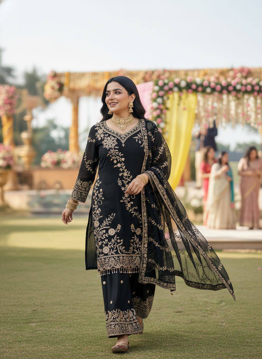 Premium Semi Faux Georgette Kurti, Plazzo & Dupatta – Sequins & Zari Embroidery