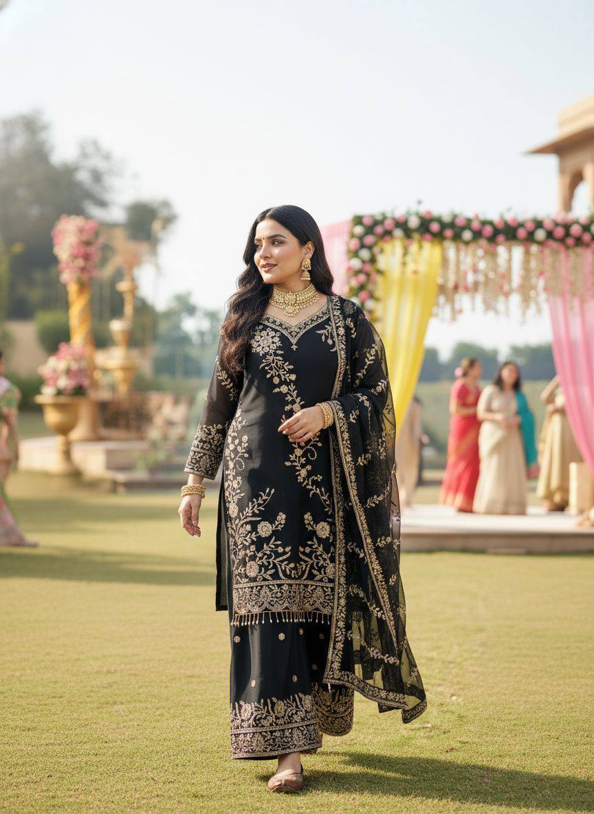 Premium Semi Faux Georgette Kurti, Plazzo & Dupatta – Sequins & Zari Embroidery