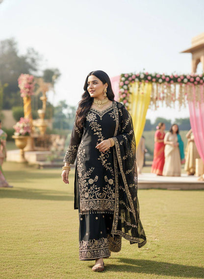 Premium Semi Faux Georgette Kurti, Plazzo & Dupatta – Sequins & Zari Embroidery