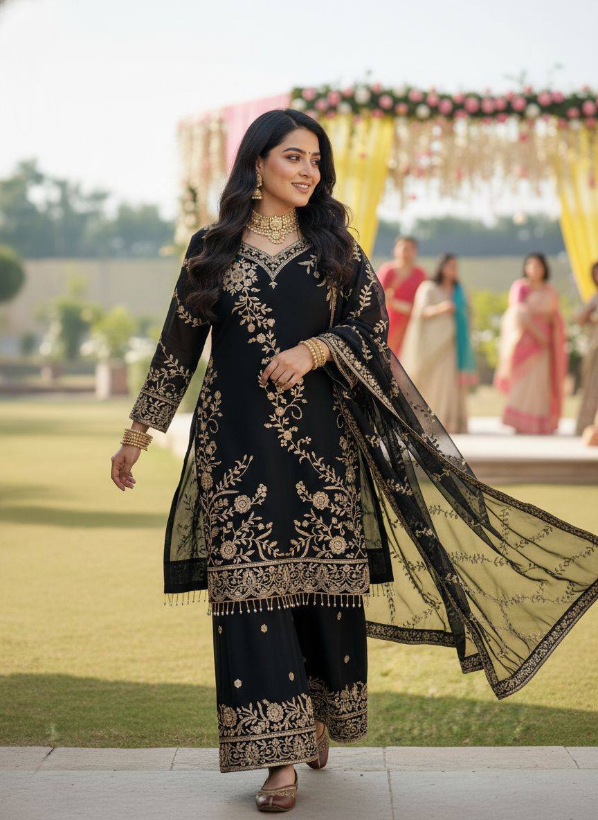 Premium Semi Faux Georgette Kurti, Plazzo & Dupatta – Sequins & Zari Embroidery