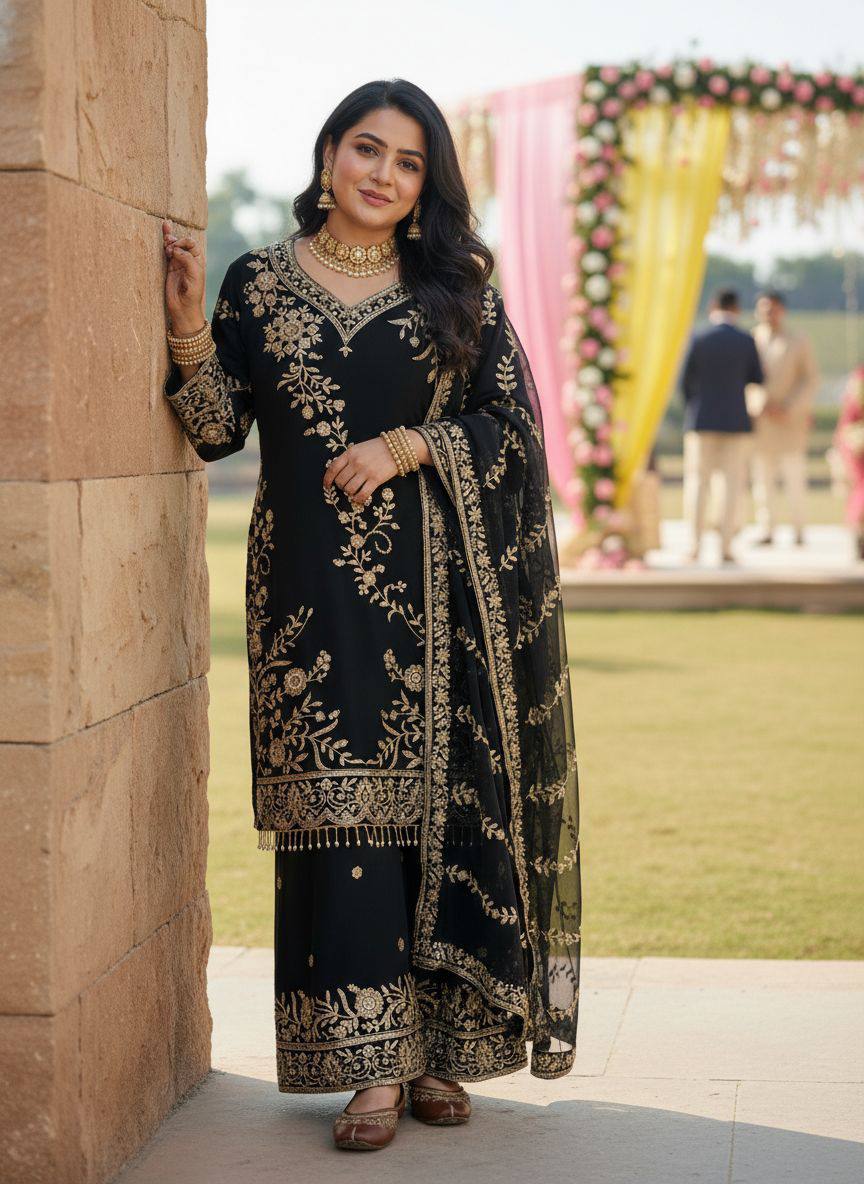 Premium Semi Faux Georgette Kurti, Plazzo & Dupatta – Sequins & Zari Embroidery
