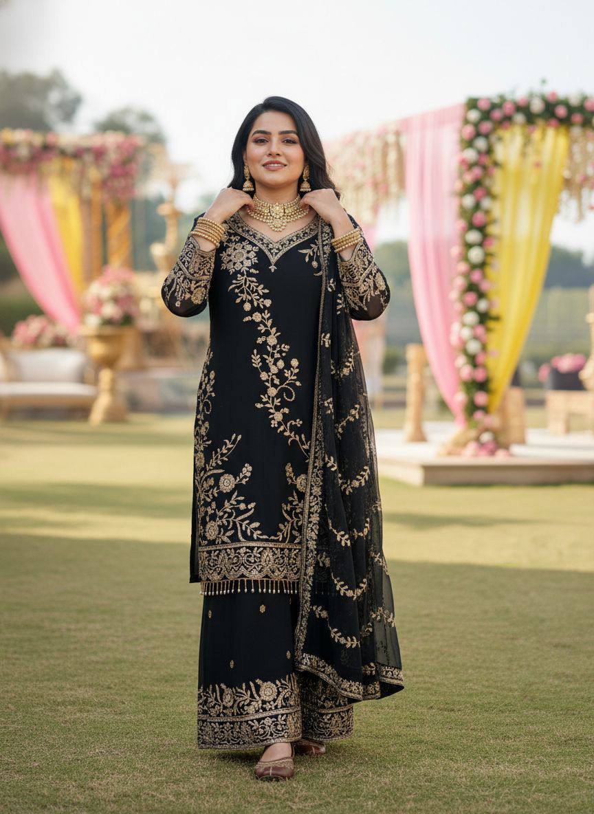 Premium Semi Faux Georgette Kurti, Plazzo & Dupatta – Sequins & Zari Embroidery