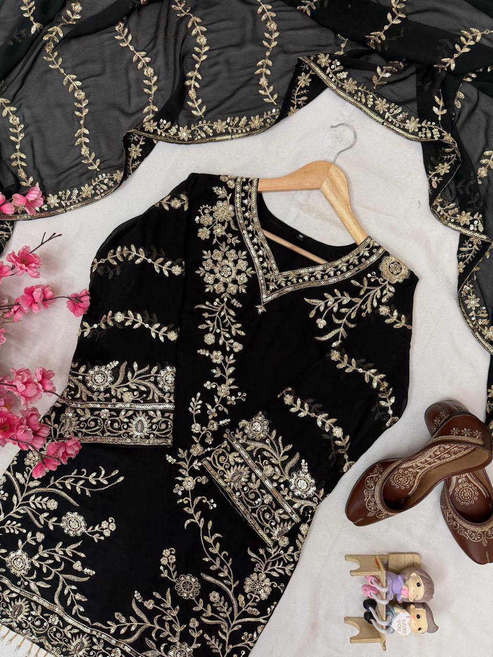 Premium Semi Faux Georgette Kurti, Plazzo & Dupatta – Sequins & Zari Embroidery
