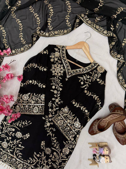 Premium Semi Faux Georgette Kurti, Plazzo & Dupatta – Sequins & Zari Embroidery