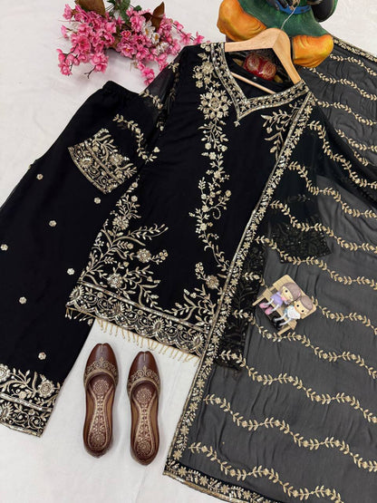 Premium Semi Faux Georgette Kurti, Plazzo & Dupatta – Sequins & Zari Embroidery