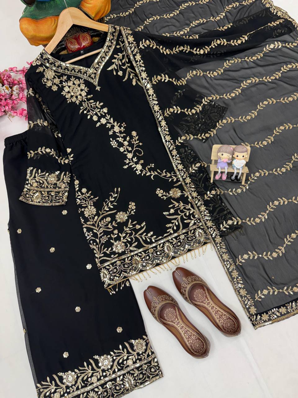 Premium Semi Faux Georgette Kurti, Plazzo & Dupatta – Sequins & Zari Embroidery