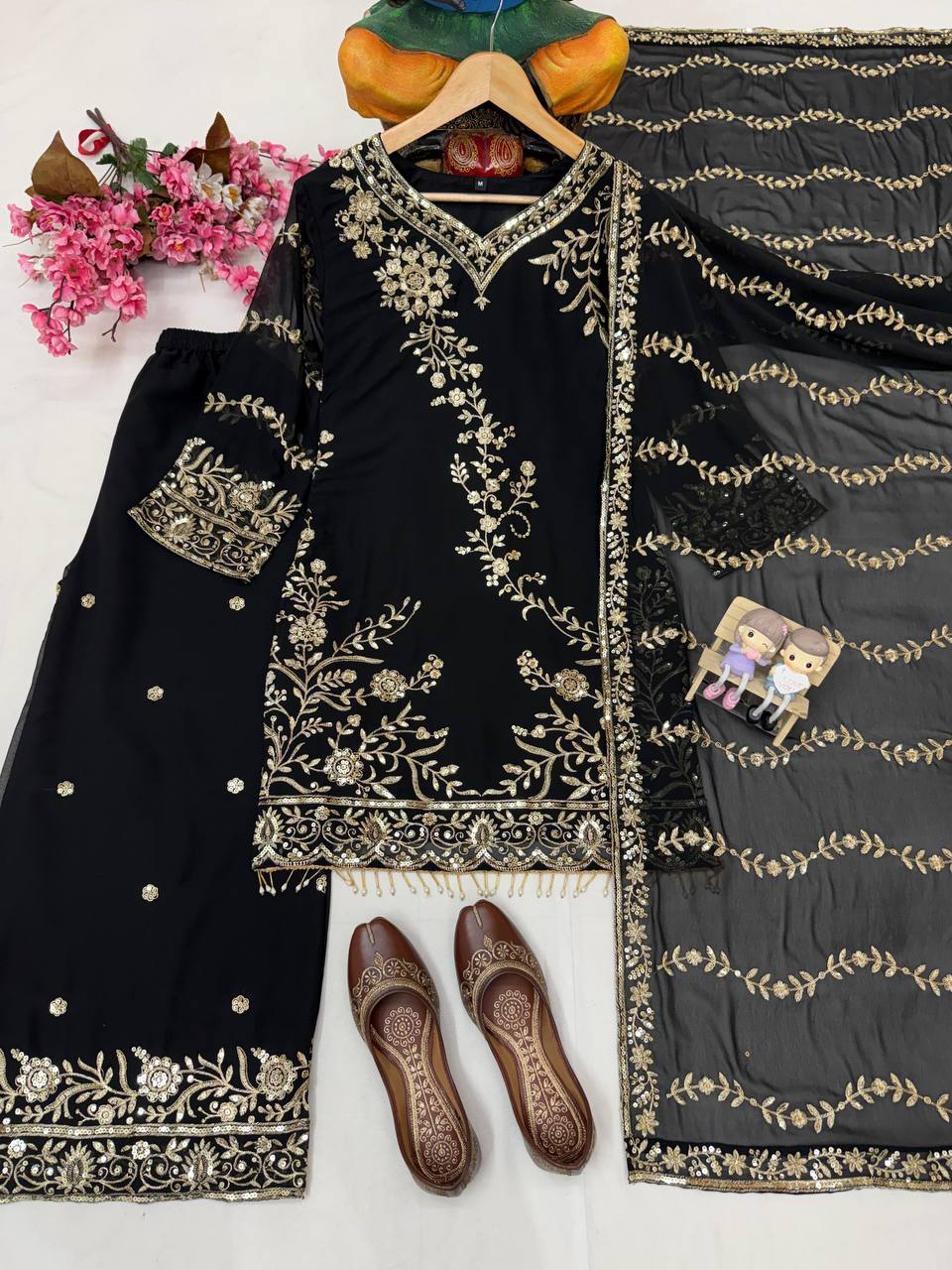 Premium Semi Faux Georgette Kurti, Plazzo & Dupatta – Sequins & Zari Embroidery