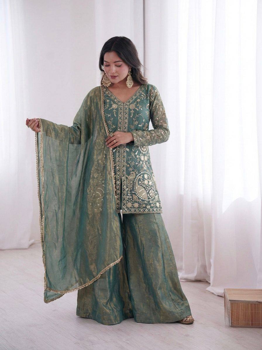 Premium Fendy Silk Top, Plazzo & Dupatta – Heavy Sequins Embroidery