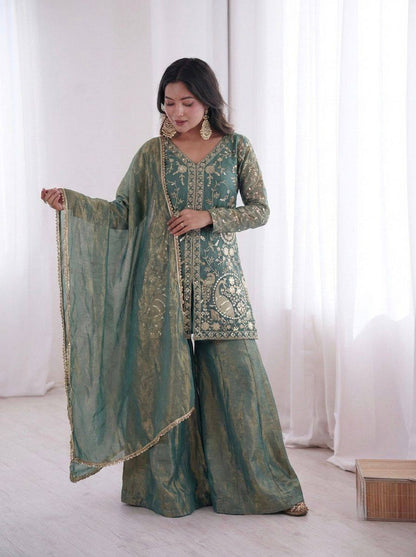 Premium Fendy Silk Top, Plazzo & Dupatta – Heavy Sequins Embroidery