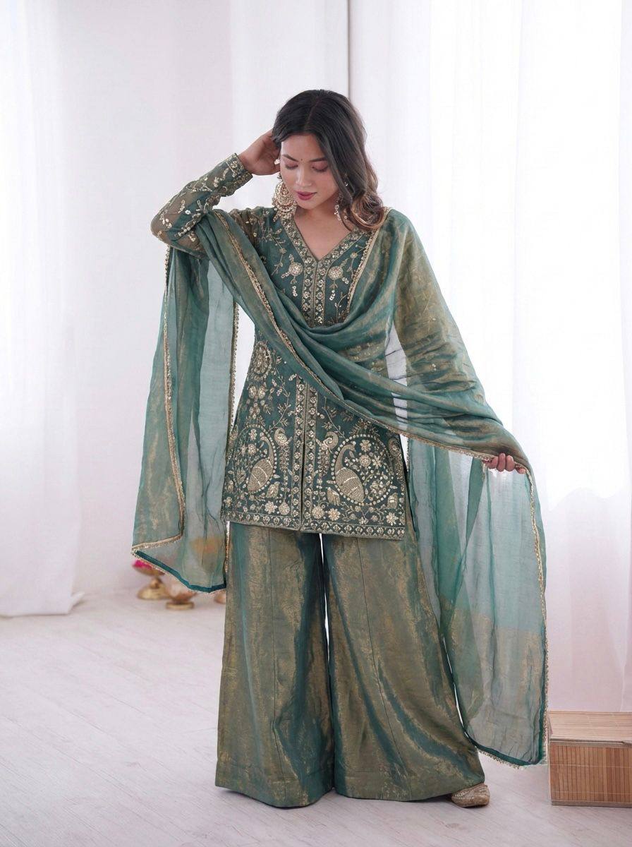 Premium Fendy Silk Top, Plazzo & Dupatta – Heavy Sequins Embroidery